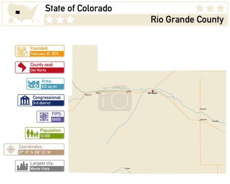 Detaillierte Infografik und Karte von Rio Grande County in Colorado USA.