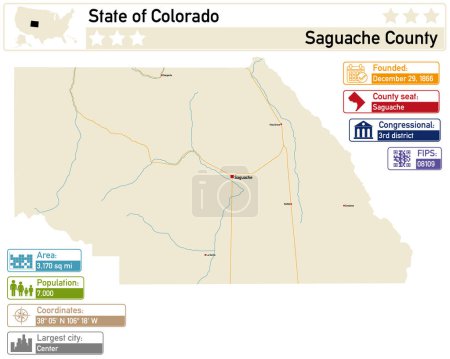 Illustration for Detailed infographic and map of Saguache County in Colorado USA. - Royalty Free Image