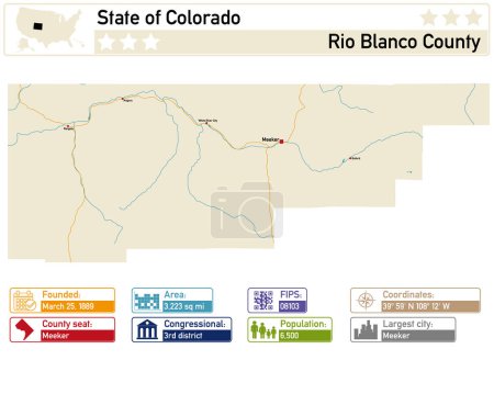Illustration for Detailed infographic and map of Rio Blanco County in Colorado USA. - Royalty Free Image