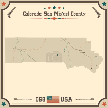 Große und präzise Karte von San Miguel County, Colorado, USA mit Vintage-Farben.