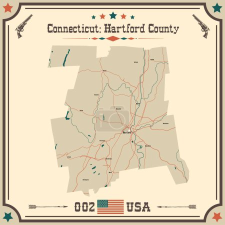 Große und präzise Karte von Hartford County, Connecticut, USA mit Vintage-Farben.