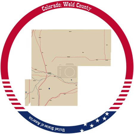 Illustration for Map of Weld County in Colorado, USA arranged in a circle. - Royalty Free Image