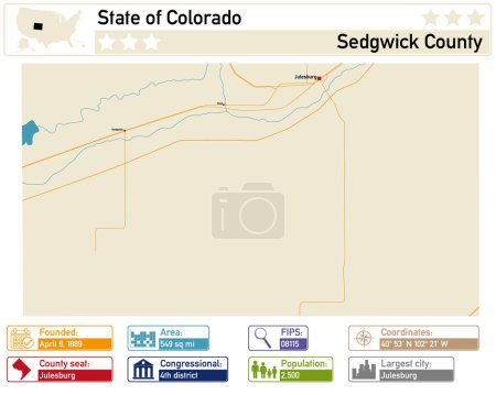 Detaillierte Infografik und Karte von Sedwick County in Colorado USA.