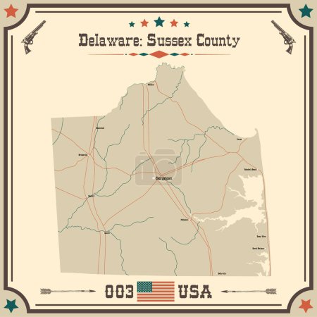 Large and accurate map of Sussex County, Delaware, USA with vintage colors.