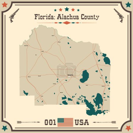 Große und präzise Karte von Alachua County, Florida, USA mit Vintage-Farben.