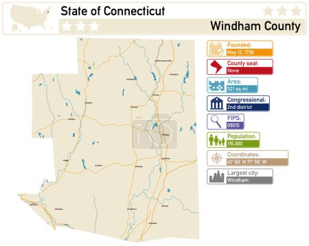 Detailed infographic and map of Windham County in Connecticut USA.