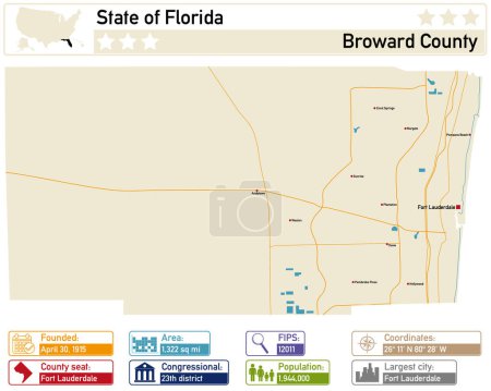 Detailed infographic and map of Broward County in Florida USA.