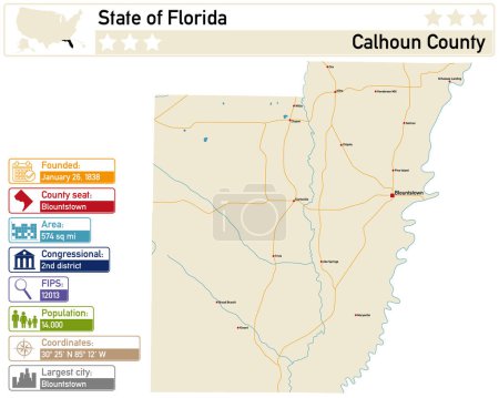 Detailed infographic and map of Calhoun County in Florida USA.