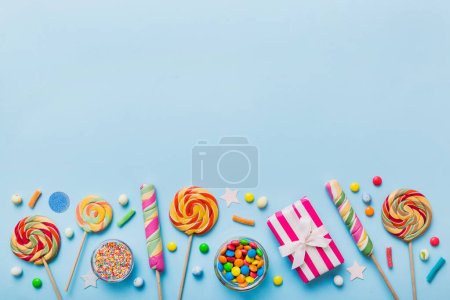 Photo for Collection of birthday party objects with gift box. Valentines day gift box. Top view flat lay with copy space. - Royalty Free Image