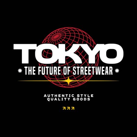 Téléchargez les photos : Moderne futuriste y2k streetwear typographie Tokyo slogan print pour homme - femme graphique tee-shirt vectoriel design icône illustration. Affiche, bannière, autocollant, épinglette, badge, patch - en image libre de droit
