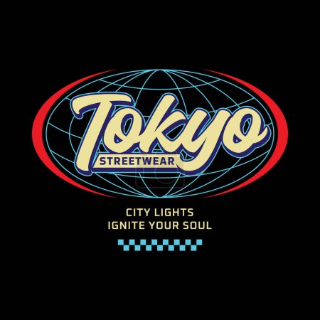 Téléchargez les photos : Tokyo japon y2k streetwear t-shirt slogan typographie style logo vecteur icône conception illustration. Affiche, bannière, vêtements, chemise slogan, autocollant, insigne, emblème - en image libre de droit