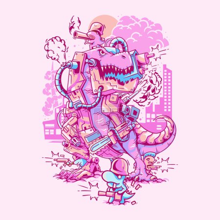 Vector Illustration Colorful Armored Cyborg Tyrannosaurus With Variety of Weapons Vintage Illustration