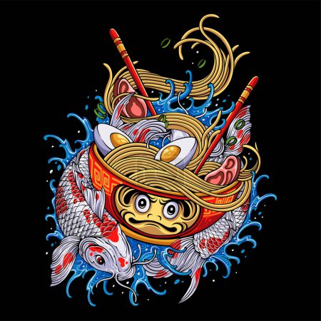 Colorido ramen japonés con plato daruma con peces koi circulares sobre fondo de agua para el diseño de la camiseta