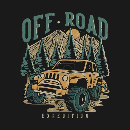 Ilustración de T Shirt Design Off Road Expedition With Off Road Car In The Middle Of Mountain Vintage Illustration - Imagen libre de derechos