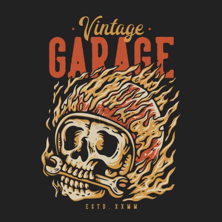 Téléchargez les illustrations : T-shirt design garage vintage avec sur le crâne de feu port casque Vintage Illustration - en licence libre de droit