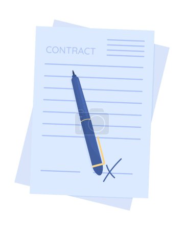 Illustration for Contract with pen semi flat color vector object. Business deal. Editable element. Full sized item on white. Simple cartoon style illustration for web graphic design and animation. Quicksand font used - Royalty Free Image