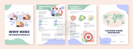 Illustration for Why hire internationally flat vector brochure template. Booklet, leaflet printable flat color designs. Editable magazine page, reports kit with text space. Sigmar, Balsamiq Sans, Comfortaa fonts used - Royalty Free Image