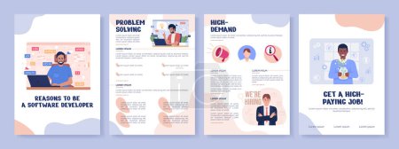 Illustration for Reasons to be software developer flat vector brochure template. Booklet, leaflet printable flat color designs. Editable magazine page, reports with text space. Nerko, Quicksand, Comfortaa fonts used - Royalty Free Image