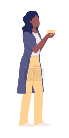 Lady with mug of hot beverage semi flat color vector character. Editable figure. Full body person on white. Relax at home simple cartoon style illustration for web graphic design and animation