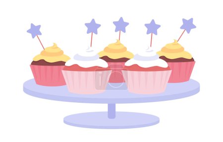 Téléchargez les illustrations : Cupcakes rose semi plat couleur vecteur objet. Élément modifiable. Pièce pleine grandeur sur blanc. Dîner buffet. Dessert fantaisie illustration de style dessin animé simple pour la conception graphique web et l'animation - en licence libre de droit