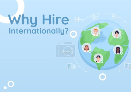 Illustration for Hiring international remote employees flat vector banner template. Overseas workers poster, leaflet printable color designs. Editable flyer page with text space. Quicksand Bold font used - Royalty Free Image