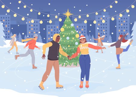 Illustration for Christmas skating rink flat color vector illustration. Xmas holiday. Winter season. Skating enthusiasts. Fully editable 2D simple cartoon characters with festive Christmas atmosphere on background - Royalty Free Image
