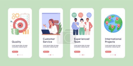 Illustration for Choose right company onboarding mobile app screen flat template. Walkthrough website 4 steps with characters. Editable business benefits UX, UI, GUI smartphone cartoon interfaces. Comfortaa font used - Royalty Free Image