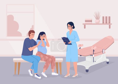 Illustration for Scared pregnant woman with partner visiting doctor flat color vector illustration. Panic attack during baby expectation. Fully editable 2D simple cartoon characters with medical office on background - Royalty Free Image