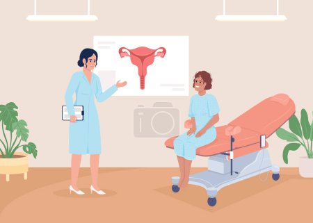 Illustration for Patient at gynecologist appointment flat color vector illustration. Women health care. Doctor consultation. Fully editable 2D simple cartoon characters with medical office on background - Royalty Free Image