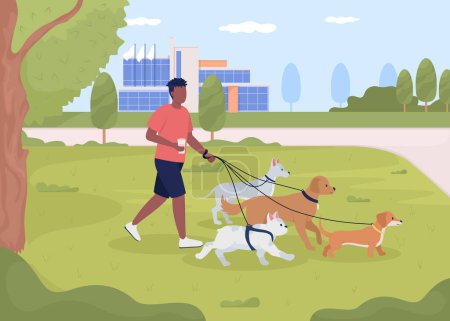 Ilustración de Hombre paseando perros en el parque ilustración vector de color plano. Trabajo con animales para estudiantes. Cuidando mascotas. Personaje de dibujos animados simple 2D totalmente editable con jardín urbano en el fondo - Imagen libre de derechos