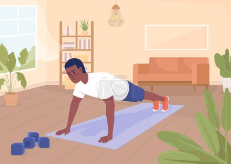 Illustration for Man doing push ups flat color vector illustration. Regular exercising at home. Active lifestyle and healthcare. Fully editable 2D simple cartoon character with living room on background - Royalty Free Image