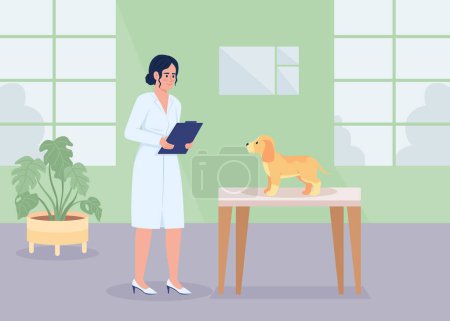 Illustration for Veterinarian doc examining dog flat color vector illustration. Medical help for animals. Vet healthcare service. Fully editable 2D simple cartoon character with hospital ward on background - Royalty Free Image