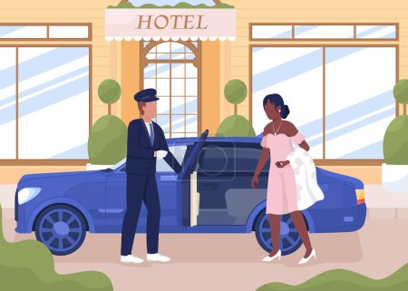 Illustration for Personal driver hiring service flat color vector illustration. Elegant lady in luxury dress sitting in car. Fully editable 2D simple cartoon characters with hotel exterior design on background - Royalty Free Image