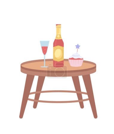 Téléchargez les illustrations : Champagne et cupcake sur petite table semi plat objets vectoriels de couleur. Éléments modifiables. Articles pleine grandeur sur blanc. Illustration de style dessin animé simple vacances pour la conception graphique web et l'animation - en licence libre de droit