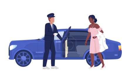 Illustration for Personal chauffeur and lady in luxury dress semi flat color vector characters. Editable figures. Full body people on white. Simple cartoon style illustration for web graphic design and animation - Royalty Free Image