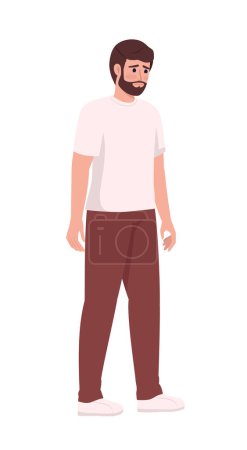 Trauriger bärtiger Mann im lässigen Outfit mit halbflachem Farbvektorcharakter. Editierbare Zahl. Ganzkörpermensch auf weiß. Einfache Illustration im Cartoon-Stil für Web-Grafik-Design und Animation