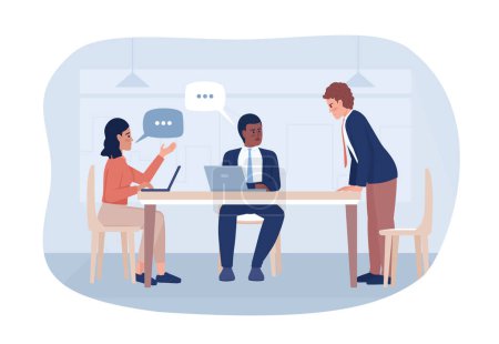 Illustration for Business meeting 2D vector isolated illustration. Corporate discussion. Office work flat characters on cartoon background. Colorful editable scene for mobile, website, presentation - Royalty Free Image