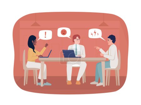 Illustration for Conflict between coworkers 2D vector isolated illustration. Aggressive communication in team flat characters on cartoon background. Colorful editable scene for mobile, website, presentation - Royalty Free Image