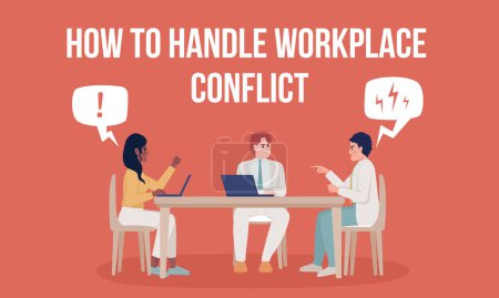 Illustration for How to handle workplace conflict flat vector banner template. Crisis management for team poster, leaflet printable color designs. Editable flyer page with text space. Bebas Neue Bold font used - Royalty Free Image