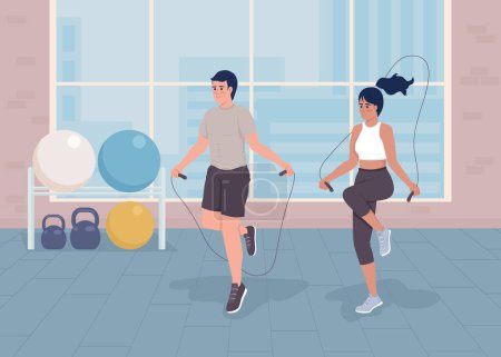 Illustration for Doing jumping rope workout flat color vector illustration. Cardio exercise. Training man and woman. Sport activities. Fully editable 2D simple cartoon characters with gym on background - Royalty Free Image
