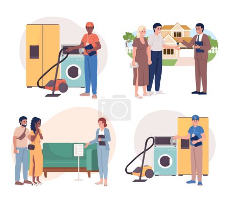 Illustration for Seller consultant 2D vector isolated illustrations set. Buy property. Household store. Happy owners flat character on cartoon background. Colorful editable scene for mobile, website, presentation pack - Royalty Free Image