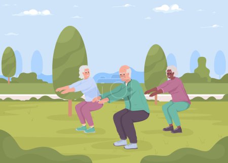Illustration for Elderly people exercising outside flat color vector illustration. Outdoor sport activities for aged. Workout in nature. Fully editable 2D simple cartoon characters with park on background - Royalty Free Image