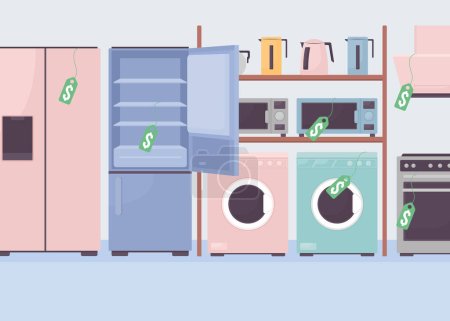 Discount on kitchen appliances flat color vector illustration. Large electronic equipment. Fully editable 2D simple cartoon interior with domestic shop on background. Bebas Neue font used