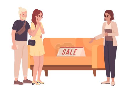 Illustration for Discount on couch 2D vector isolated illustration. Soft furniture store flat characters on cartoon background. Colorful editable scene for mobile, website, presentation. Bebas Neue font used - Royalty Free Image