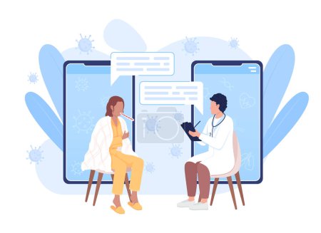 Illustration for Online meeting with doctor flat concept vector illustration. Sick woman. Cold illness. Editable 2D cartoon characters on white for web design. Creative idea for website, mobile, presentation - Royalty Free Image