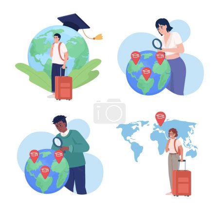 Illustration for Travelling student flat concept vector illustration set. Searching foreign university. Editable 2D cartoon characters on white for web design. Creative idea for website, mobile, presentation - Royalty Free Image