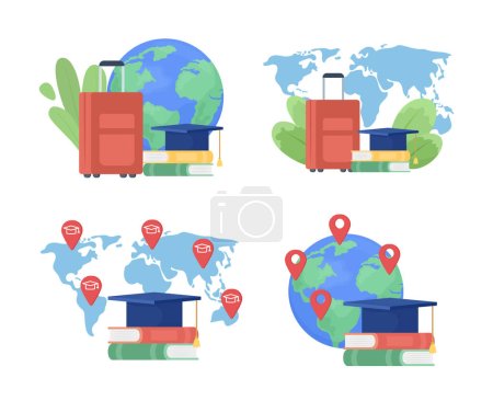 Illustration for Study abroad destinations flat concept vector illustration set. International education. Editable 2D cartoon objects on white for web design. Creative idea for website, mobile, presentation - Royalty Free Image