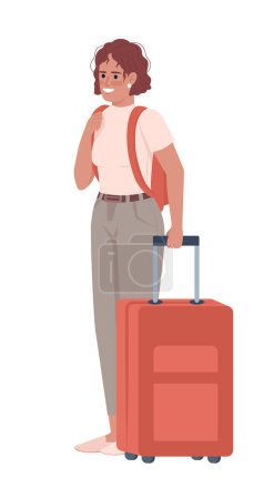 Illustration for Woman travelling semi flat color vector character. Editable figure. Full body person on white. Move abroad. Overseas journey simple cartoon style illustration for web graphic design and animation - Royalty Free Image
