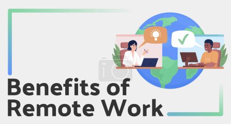 Illustration for Benefits of remote work flat vector banner template. Digital employment pros poster, leaflet printable color designs. Editable flyer page with text space. Palanquin Dark Medium font used - Royalty Free Image