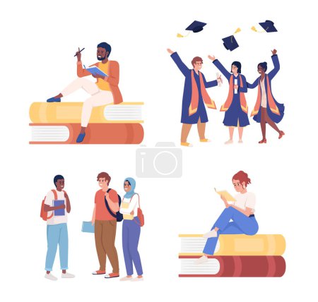 Illustration for Learning student semi flat color vector characters set. Editable figures. Full body people on white. Graduation university simple cartoon style illustration for web graphic design and animation - Royalty Free Image